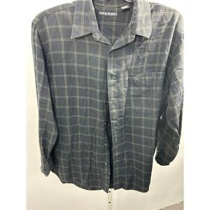 John Henry Mens Large Plaid Button Down Shirt Charcoal Grey Olive Green Cotton L